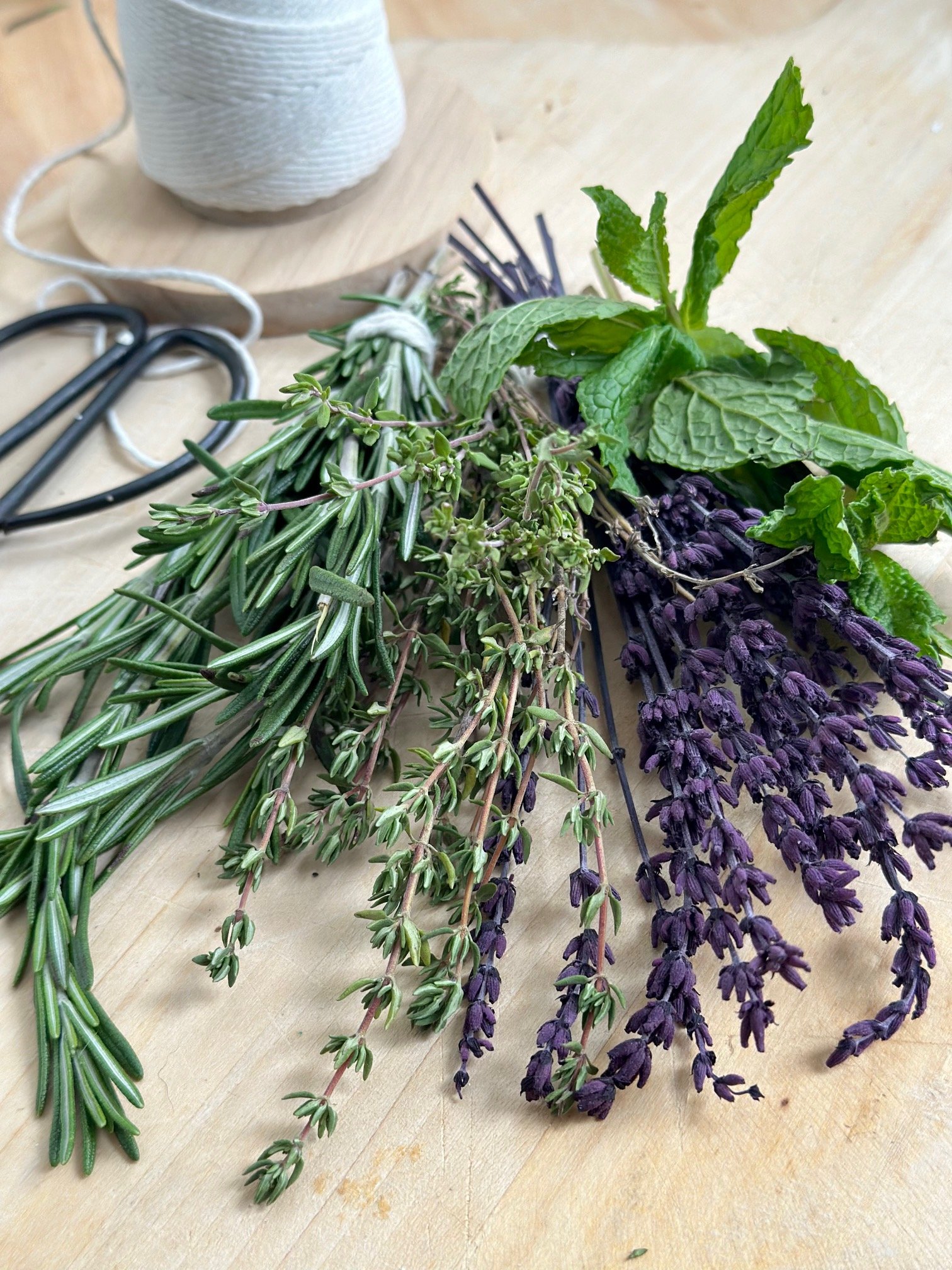 Bundles of assorted herbs ready to be hung to dry.