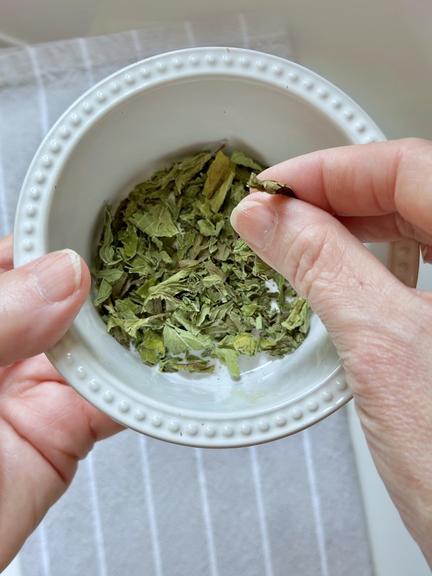 Pinching the dried leaves to release the oils.